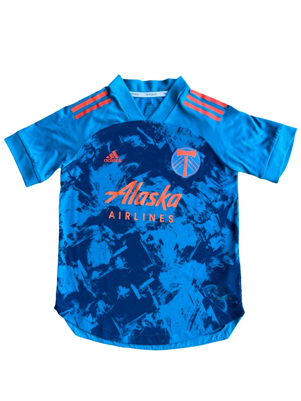Adidas x Portland OR MLS Timbers Primeblue 11-12Y Blue Soccer Jersey Alaska Air